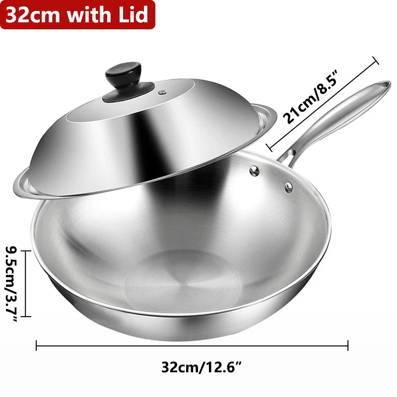 12.6 Inch Stainless Steel Wok Pan with Lid